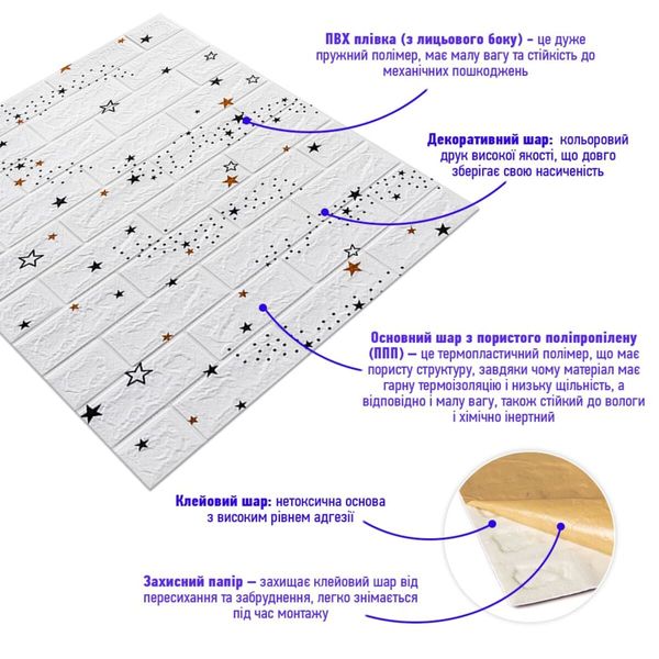 Декоративна 3D панель самоклейка під білу цеглу Зірки 700х770х5мм (021) SW-00000086 SW-00000086 фото